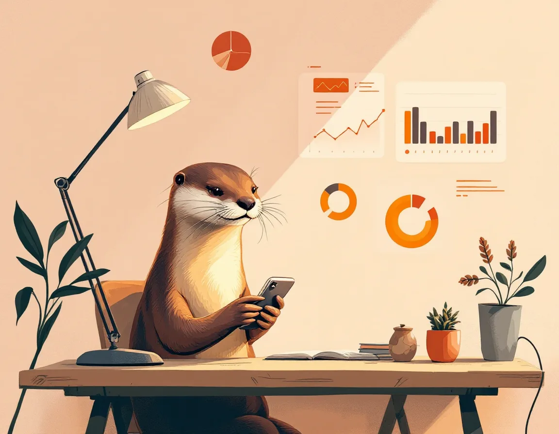 Illustration of an otter at a desk taking a booking call beside floating dashboards