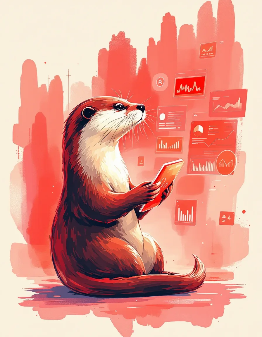 Illustration of an otter reading floating data dashboards